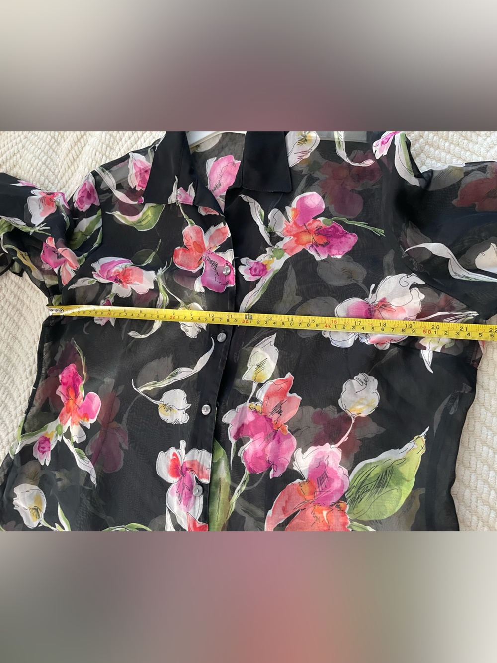 Sheer Black Floral Button-Front Blouse - Pink Floral - Picture 4 of 10